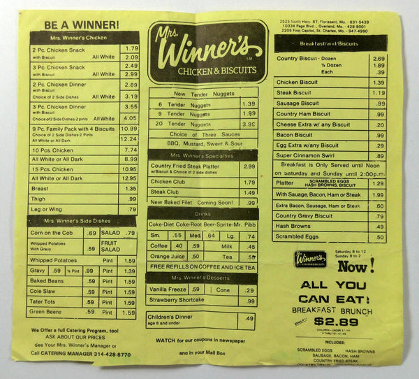 1970's Menu MRS. WINNER'S CHICKEN & BISCUITS Florissant Overland St. Charles MO