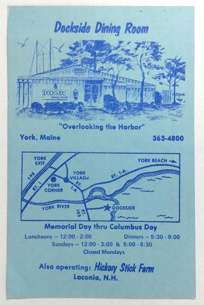 1975 Vintage Advertisment Card Menu DOCKSIDE DINING ROOM Restaurant York Maine