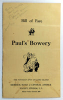 1939 Vintage Food & Drink Menu PAUL'S BOWERY Valley Stream Long Island NY Comedy