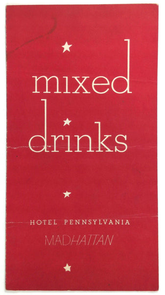 1939 Vintage MIXED DRINKS Menu HOTEL PENNSYLVANIA - MADhattan ROOM Ballroom NY