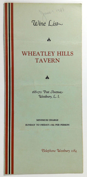 1941 Vintage WINE LIST Menu WHEATLEY HILLS TAVERN Westbury Long Island New York