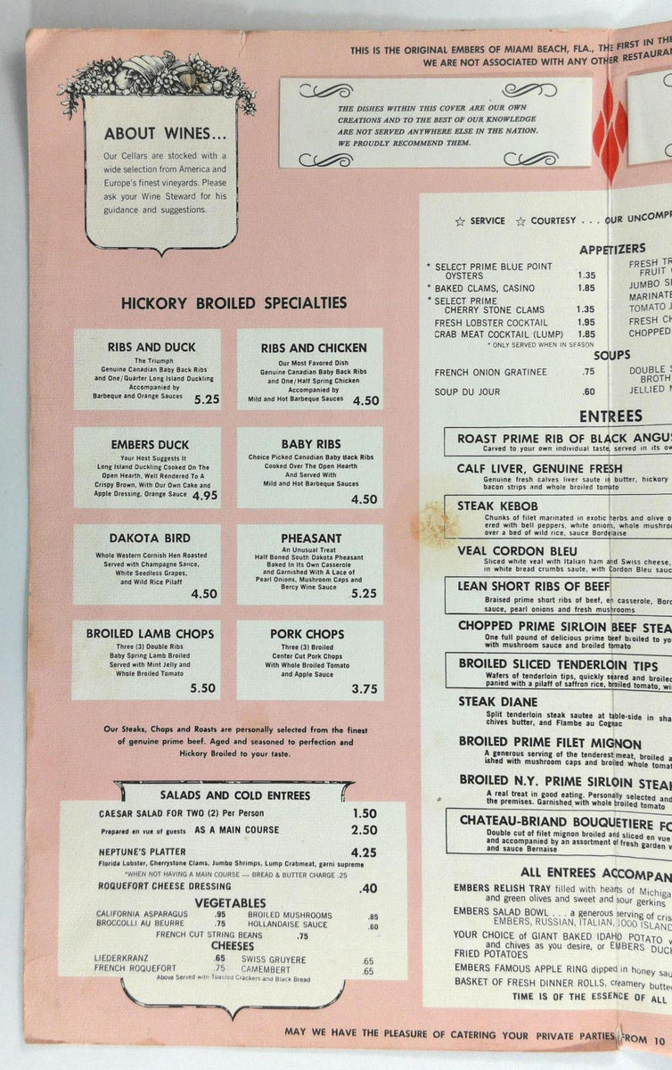1960's Original Vintage HUGE Dinner Menu EMBERS Restaurant Washington ...