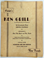 1940's Vintage Menu VIOLET'S KEN GRILL Kenmark Hotel Restaurant Denver CO