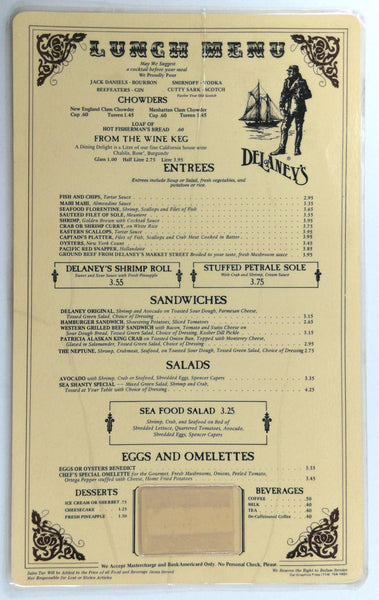 1980's Vintage Laminated Lunch Menu DELANEY'S Restaurant Orange County Chain CA
