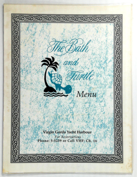 Vintage Menu THE BATH & TURTLE Restaurant Virgin Gorda Yacht Harbor British V.I.