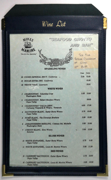 1989 Vintage Original WINE LIST Menu MIKE'S MARINE Restaurant San Pedro CA