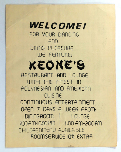 1960's Polynesian Tiki Menu KEONE'S Restaurant & Lounge Waikiki Honolulu Hawaii