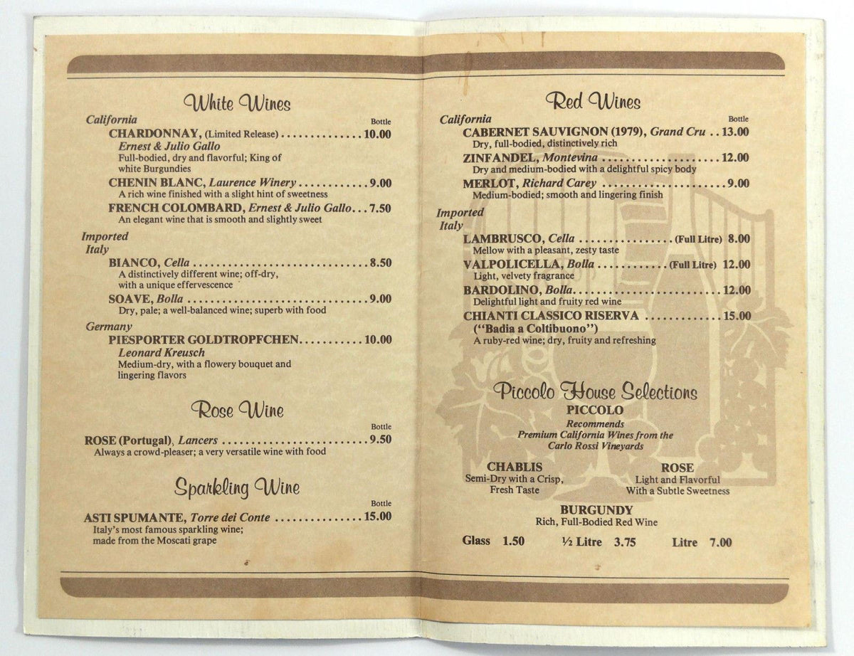 Vintage WINE LIST Menu PICCOLO Restaurant Carlo Rossi Laurence Winery ...