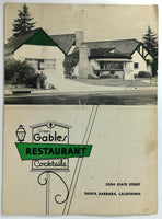 1960's Original Vintage Menu GREEN GABLES Restaurant Cocktails Santa Barbara CA