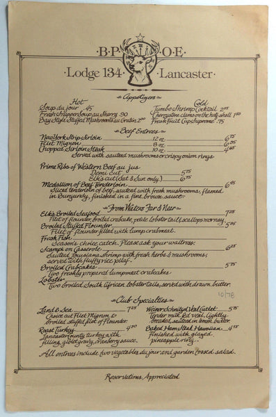 1978 Original LARGE Menu BPOE Elks Lodge #134 Restaurant Lancaster Pennsylvania
