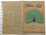 1940's Wine List Menu REPUBLIC CHINESE AMERICAN RESTAURANT New York Kung Wo Low