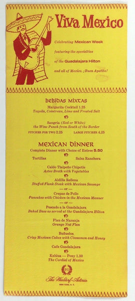 1970's Viva Mexico Menu WALDORF ASTORIA New York NY  - Guadalajara Hilton Food