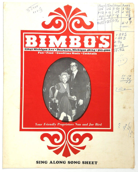 BIMBO'S Restaurant Music Cocktails Michigan Sing Along Sheet Nan & Joe Bird