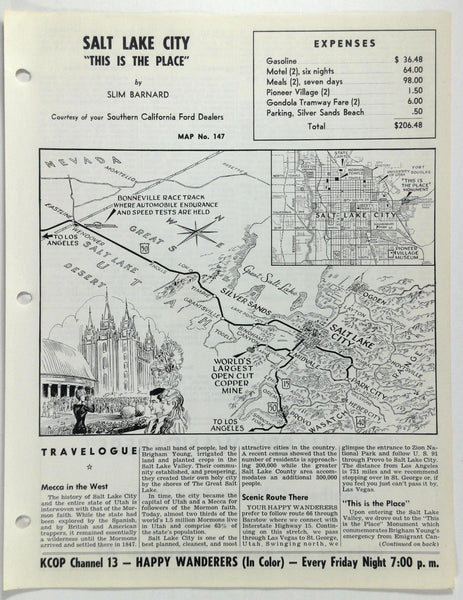 1960's SALT LAKE CITY Temple Square Pioneer Village Bonneville Bingham Ford Map