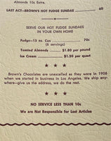 Rare 1950's C.C. BROWN'S Ice Cream Parlor Restaurant Menu Hollywood California