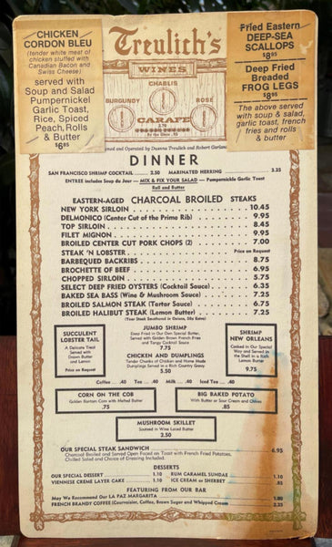 1982 TREULICH'S RESTAURANT Original Dinner Menu Phoenix Arizona Duanna Treulich