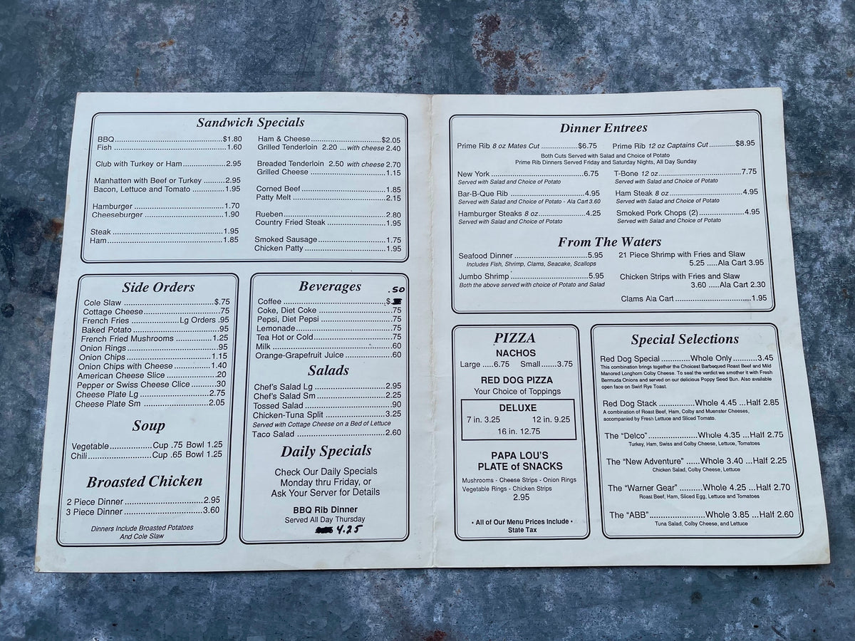 1970's Papa Lou's RED DOG SALOON Restaurant Menu Muncie Indiana