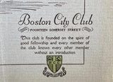 Rare 1929 BCC BOSTON CITY CLUB Original Restaurant Menu Massachusetts