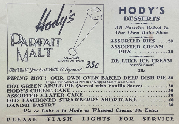 1950's Original HODY'S Desserts Menu Card Southern California Los Angeles Area