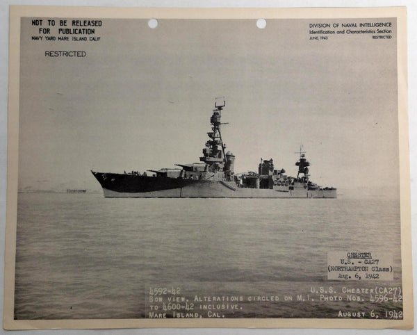 1943 USS CHESTER CA-27 Naval Intelligence RESTRICTED PHOTO Navy HEAVY CRUISER