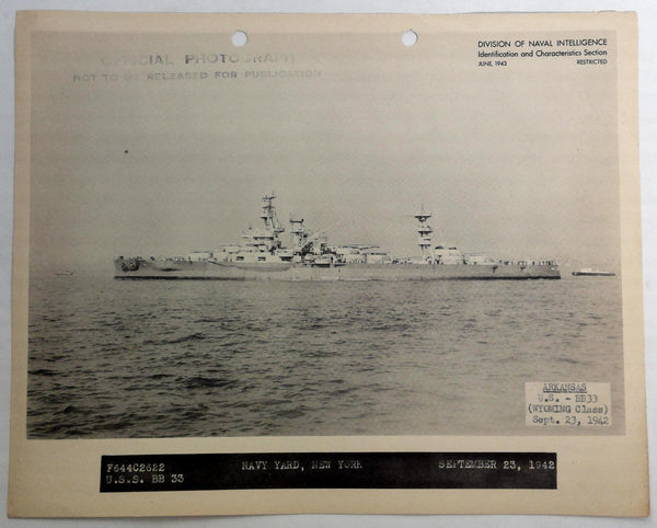 1943 USS ARKANSAS BB-33 Naval Intelligence RESTRICTED PHOTO Navy BATTLESHIP