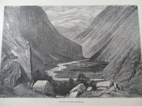 Antique 1860  VALLEY OF HEIMDAL Large Engraving Print Mountains River