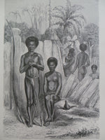 Antique 1860 NEW CALEDONIANS Wood Engraving Large Print Men Women Village