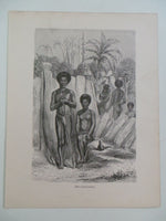 Antique 1860 NEW CALEDONIANS Wood Engraving Large Print Men Women Village