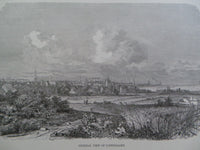 Antique 1860  COPENHAGEN DENMARK City View WINDMILLS Large Engraving Print