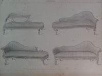 Rare 1853 Victorian CHAISE LOUNGE COUCHES Woodwork CABINET Maker's Engraving b