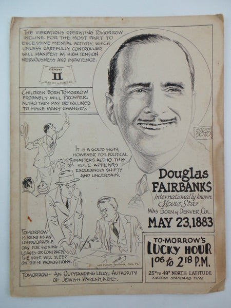 Rare 1930s EDWARD Eddie SOTTO Signed Drawing GEMINI Horoscope Douglas Fairbanks