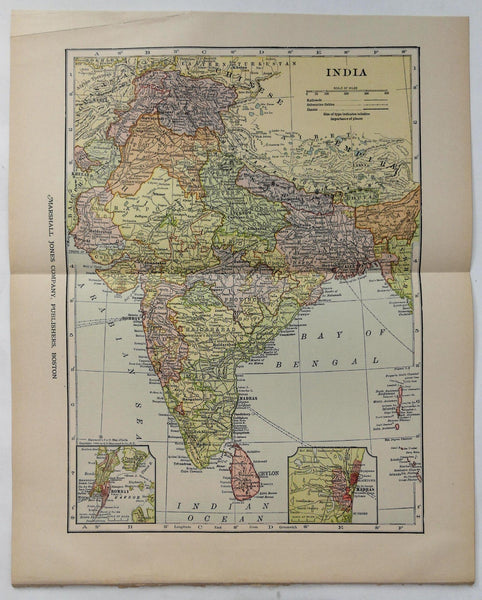 c1904 1912 Color Fold Out Map Of India 10.5 x 13 in.