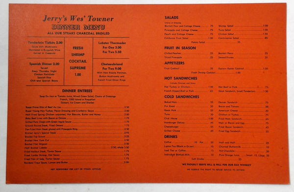 1950's Take Home Dinner Menu Jerry's Wes' Towner Restaurant San Bernardino Ca.