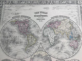 1860 Mitchell's Huge Hand Tinted Colored Map Of The World Hemispheres & Time