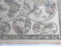 1860 Mitchell's Huge Hand Tinted Colored Map Of The World Hemispheres & Time