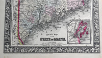 1860 Mitchell's Huge Hand Tinted Colored Map State Of Maine & Portland Harbor