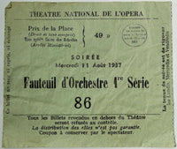 Vintage 1937 Ticket THEATRE NATIONAL DE L'OPERA Armchair Orchestra Opera Seating