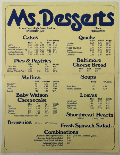 Original Vintage Menu MS. DESSERTS Harborplace Baltimore Md. CHEESE BREAD