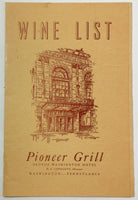1940 Vintage Wine List Menu PIONEER GRILL George Washington Hotel Pennsylvania