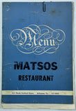 Vintage Original Lunch Dinner Menu MATSOS RESTAURANT Arlington VA