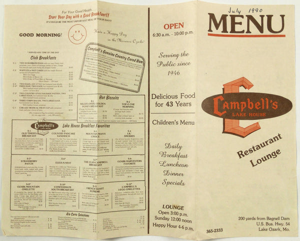 1990 Original Vintage Menu CAMPBELL'S LAKE HOUSE Restaurant Lounge Lake Ozark MO