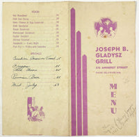 1937 Vintage Food Cocktails Menu JOSEPH B. GLADYSZ GRILL RESTAURANT Buffalo NY