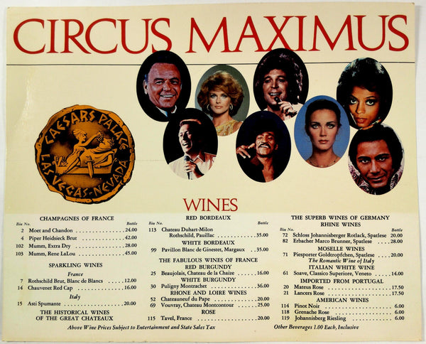 1980's CAESARS PALACE Circus Maximus BOTTLE WINE LIST MENU Las Vegas Nevada