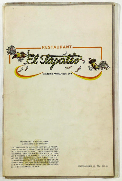1970's Vintage Menu EL TAPATIO RESTAURANT Juarez Mexico