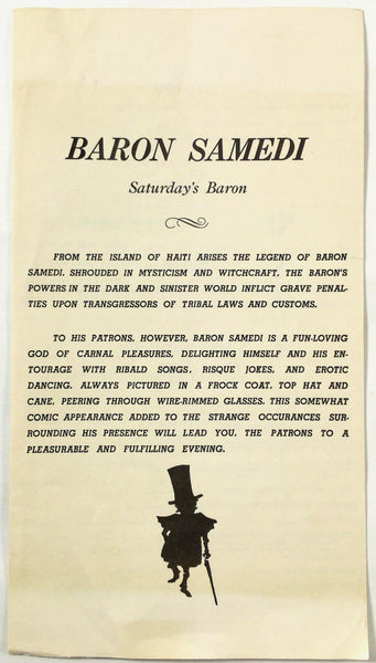 1970's Vintage Mystery Menu BARON SAMEDI Restaurant Location Unknown Florida ?