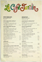 1978 Vintage Large Breakfast Menu Card LE CAFE JARDIN Monaco Monte Carlo