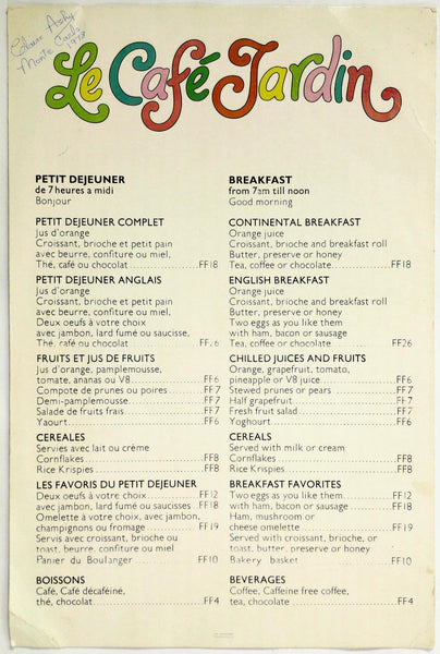 1978 Vintage Large Breakfast Menu Card LE CAFE JARDIN Monaco Monte Car –  Vintage Menu Mania