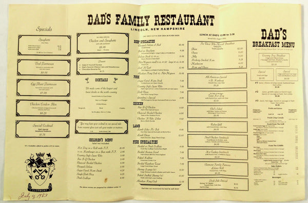 1983 Vintage Full Size Menu DAD'S FAMILY RESTAURANT Lincoln New Hampshire