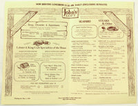 1981 Vintage Menu JOHN'S LOFT Restaurant Hyannis Cape Cod Massachusetts