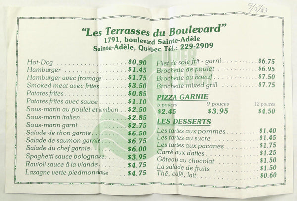 1983 Vintage Menu LES TERRASSES DU BOULEVARD Restaurant Sainte-Adele Quebec CA